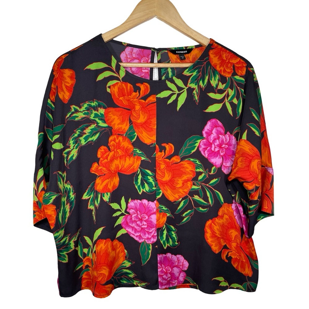 EXPRESS Women’s Ladies Medium TROPICAL FLORAL BLOUSE 3/4 Sleeve Blouse